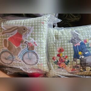 Green Checkered Bunny Throw Pillows